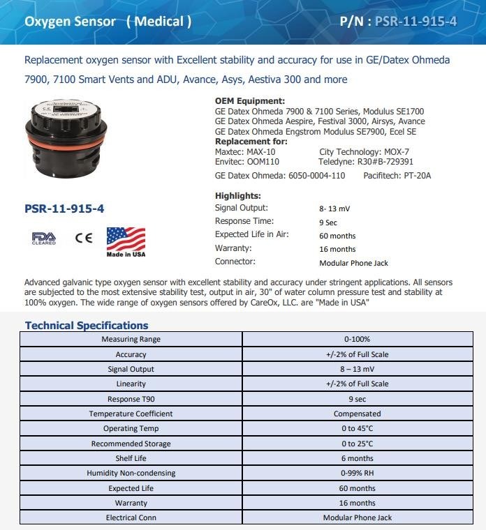 حسگر اکسیژن غیر سمی پزشکی پلاستیکی قابل حمل PSR-11-915-4 برای 7900 7100 ADU